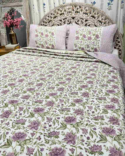 Sage Hand Block Mulmul Cotton Bedcover Set | 90 x 108 inches