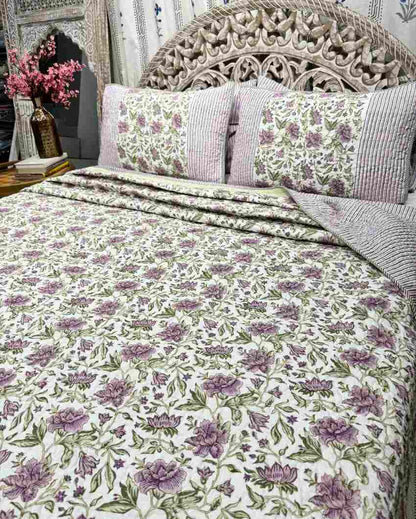 Sage Hand Block Mulmul Cotton Bedcover Set | 90 x 108 inches