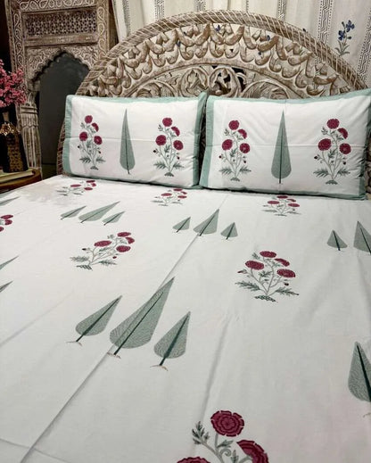 Gulbagh Hand Block Cotton Fitted Bedsheet Set