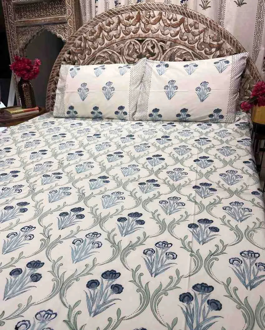 Lily Blue Hand Block Cotton Fitted Bedsheet Set