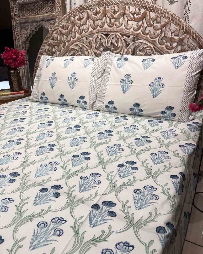 Lily Blue Hand Block Cotton Fitted Bedsheet Set