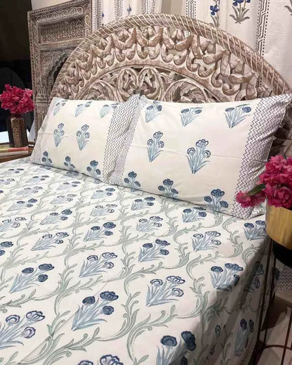 Lily Blue Hand Block Cotton Fitted Bedsheet Set