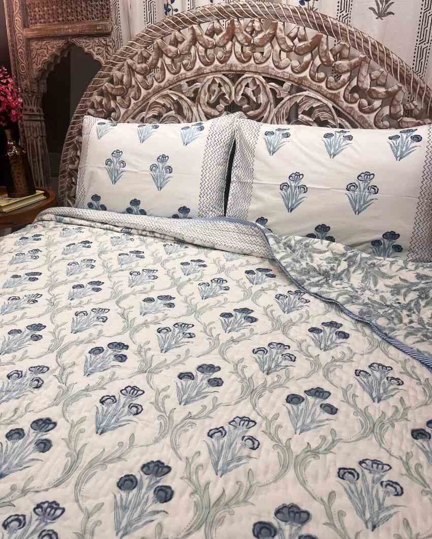 Lily Blue Hand Block Organic Mulmul Cotton Quilt | 90 x 108 inches