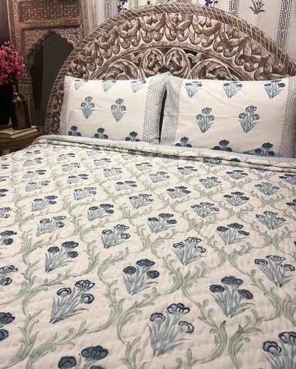 Lily Blue Hand Block Organic Mulmul Cotton Quilt | 90 x 108 inches