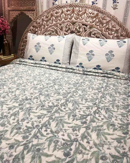 Lily Blue Hand Block Organic Mulmul Cotton Quilt | 90 x 108 inches