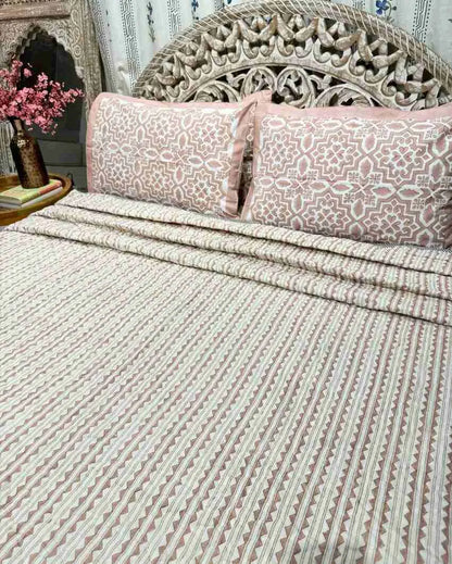 Nisha Peach Hand Block Organic Mulmul Cotton Quilt | 90 x 108 inches