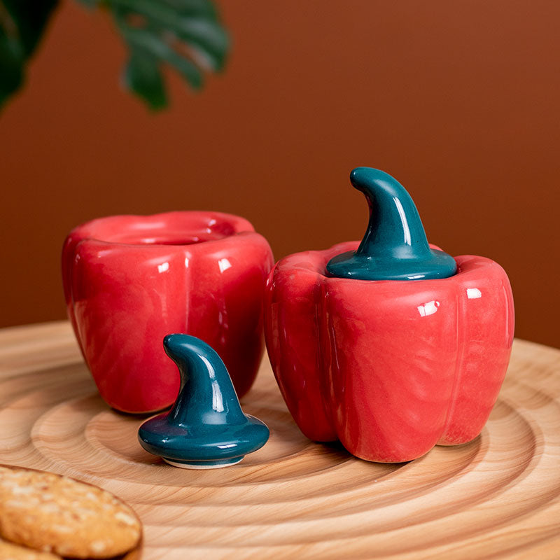 Ceramic Capsicum Shaped Jars | Set of 2 Red