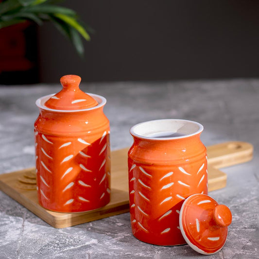 Ceramic Multi Utility Storage Pickle Jar with Lid | 500 ml Orange