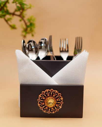 Timeless Elegance Cutlery & Tissue Wooden Brown Holder | 6 x 5 x 5 inches