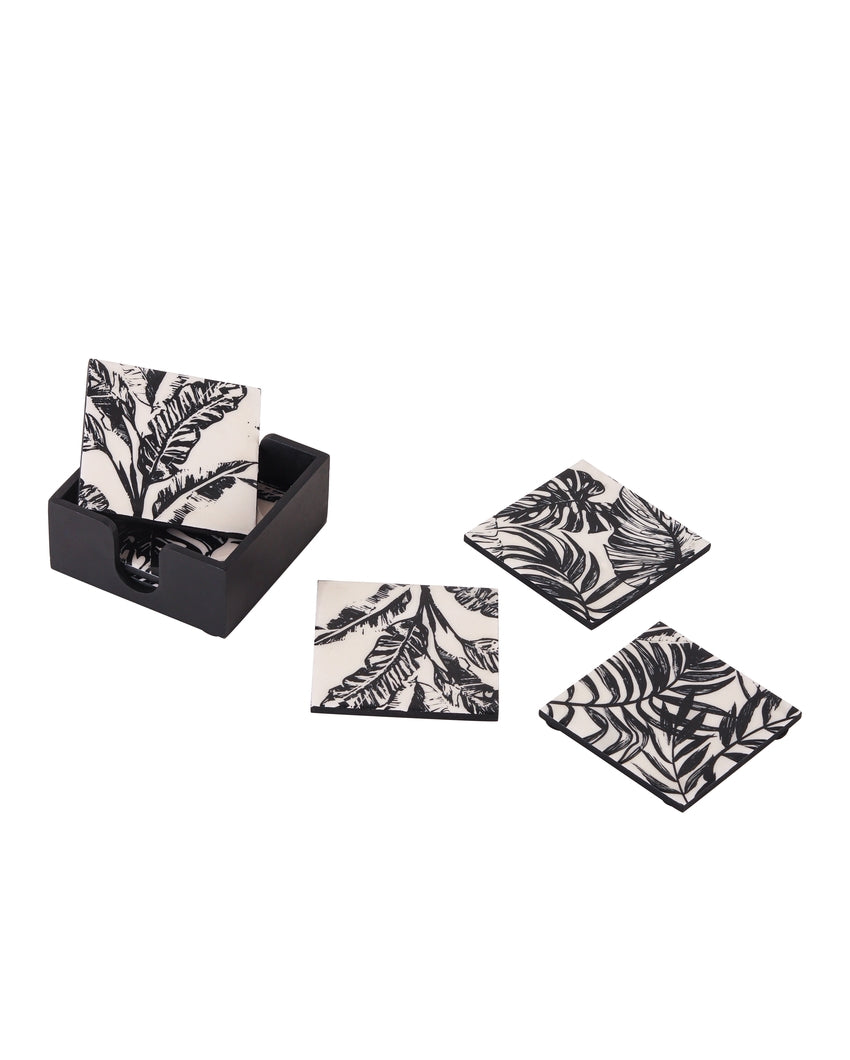 Leaf Luxe Pattern Tea Brown & Black Coaster With Box | Pack of 7