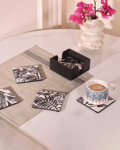 Leaf Luxe Pattern Tea Brown & Black Coaster With Box | Pack of 7