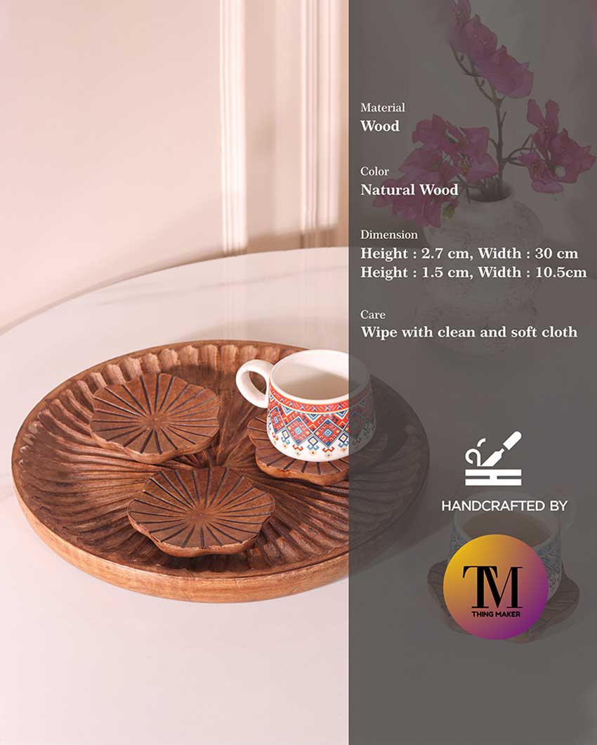 Handcrafted Carved Wooden Brown Designer Coasters With Tray Combo | Pack of 5