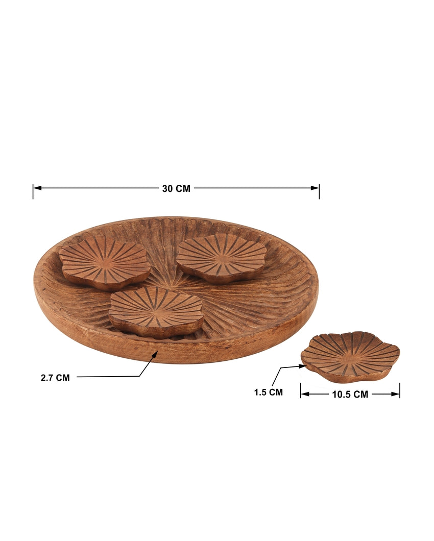 Handcrafted Carved Wooden Brown Designer Coasters With Tray Combo | Pack of 5