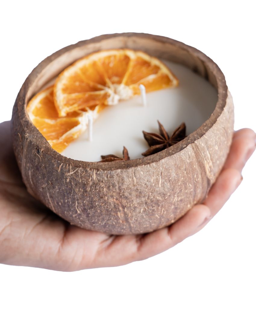 Coconut Shell Big Candle Orange & Spice | 300 Gm | 8.89 x 6.86 cm / 3.5 x 2.7 inches