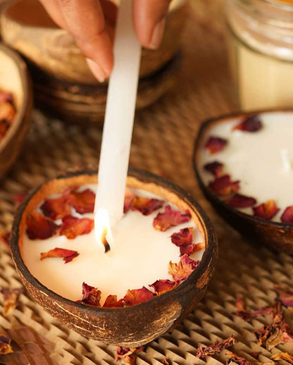 Coconut Shell Scented Soy Wax Rose Candle | 100 Gm | Set of 2 | 13.97 x 5.84 cm / 5.5 x 2.3 inches