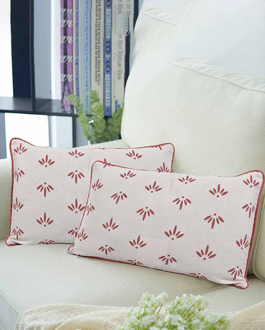 Nature Printed Lumbar Cotton Cushion Cover | Set Of 2 | 20 X 12 Inches