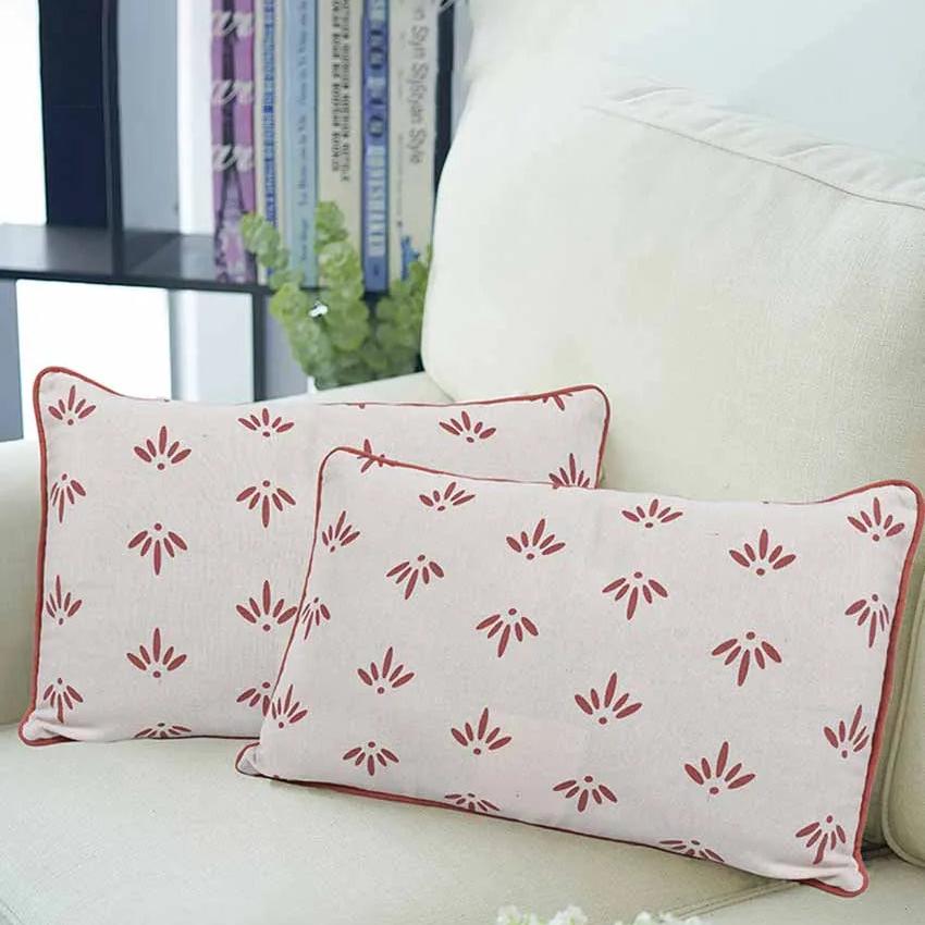 Nature Printed Lumbar Cotton Cushion Cover | Set Of 2 | 20 X 12 Inches