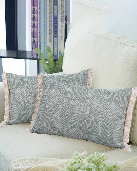 Leafy Serenity Printed Lumbar Cotton Cushion Cover | Set Of 2 | 20 X 12 Inches