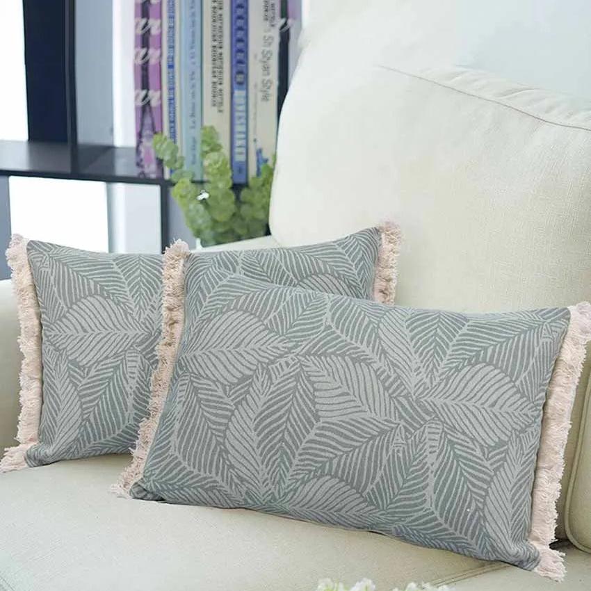 Leafy Serenity Printed Lumbar Cotton Cushion Cover | Set Of 2 | 20 X 12 Inches