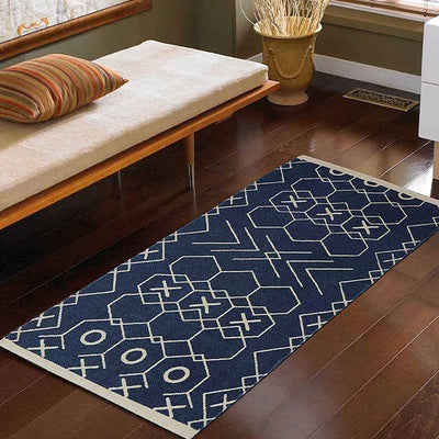 Navy Printed Handmade Cotton Carpets | 60x20 Inches Default Title