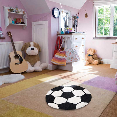 Football Design Kids Cotton Round Bathmats | 24x24 Inch White and Black