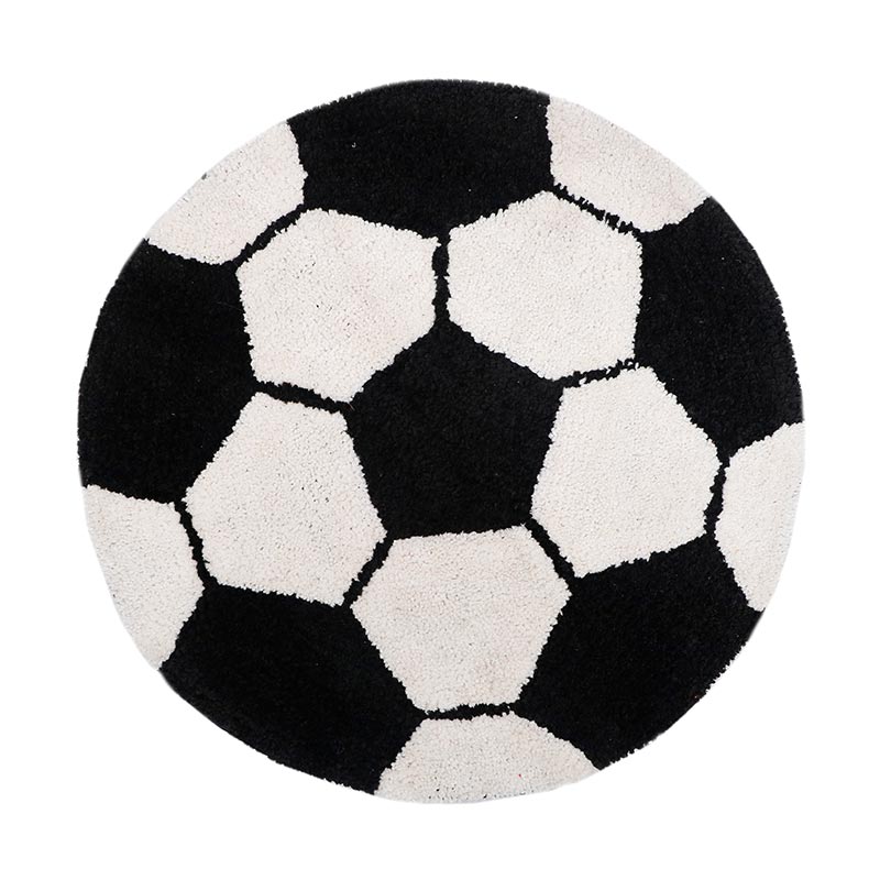 Football Design Kids Cotton Round Bathmats | 24x24 Inch White and Black