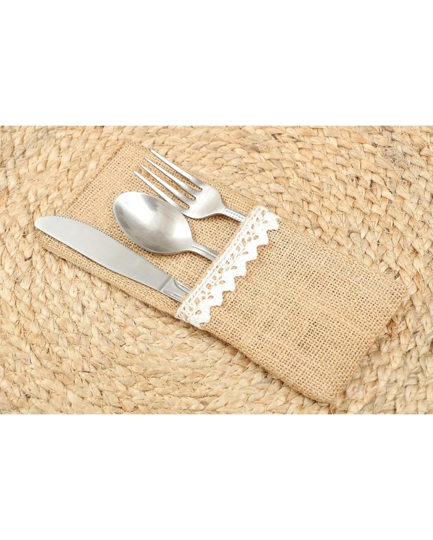 Jute Cutlery Holders Pocket With Lace | Set of 6 | 6 x 3 inches