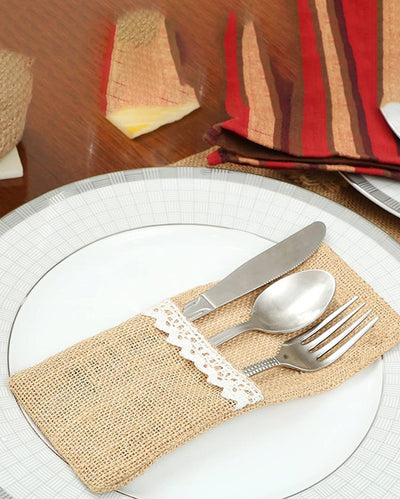 Jute Cutlery Pocket Bow Utensil Holders | Set of 6 | 6 x 3 inches