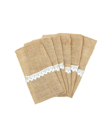 Jute Cutlery Pocket Bow Utensil Holders | Set of 6 | 6 x 3 inches