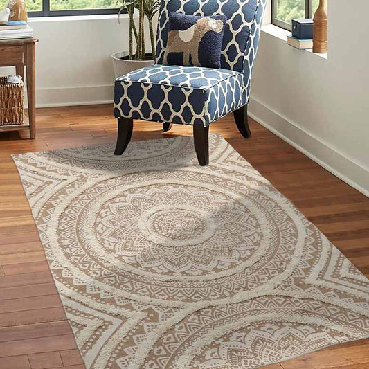 Printed Beige Handmade Cotton Carpet Mat 48 Inches
