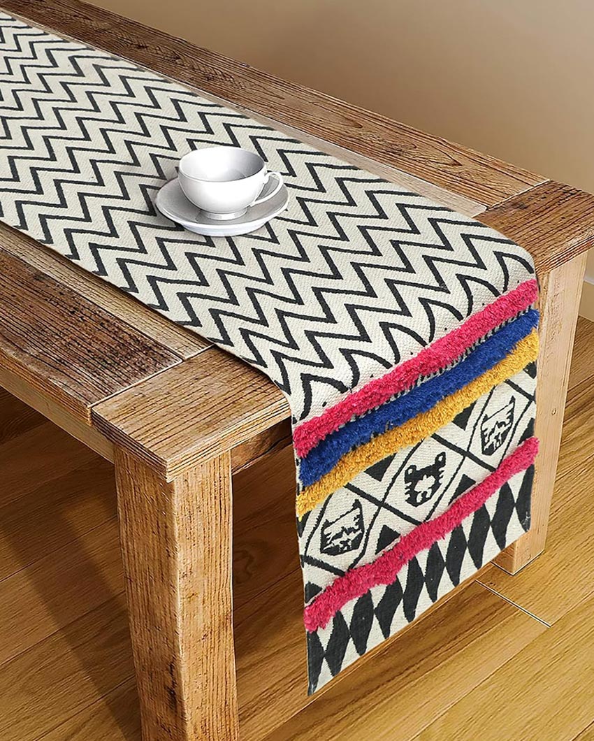 Hand Woven Striped Design Cotton Tufted Table Runner | 72 x 13 inches