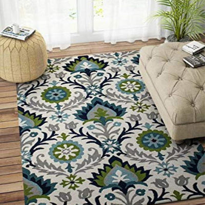 Colorful Suzani Hand Tufted Wool Carpet Vibrant Design | Green| 5 x 8 Feet