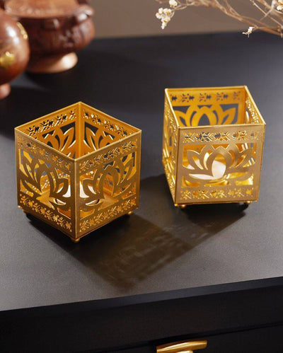 Lotus Etching Iron Votive Tealight Holders | Set Of 2