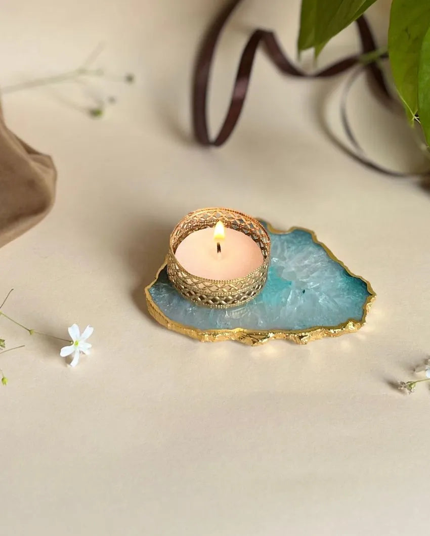 Elegant Agate Tea Light Holder With Gold Plated | Set Of 2 Green