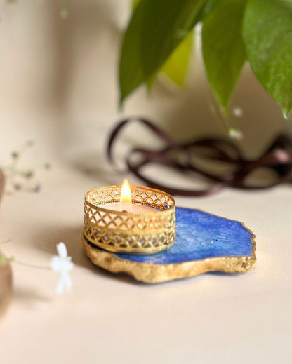 Elegant Agate Tea Light Holder With Gold Plated | Set Of 2 Blue