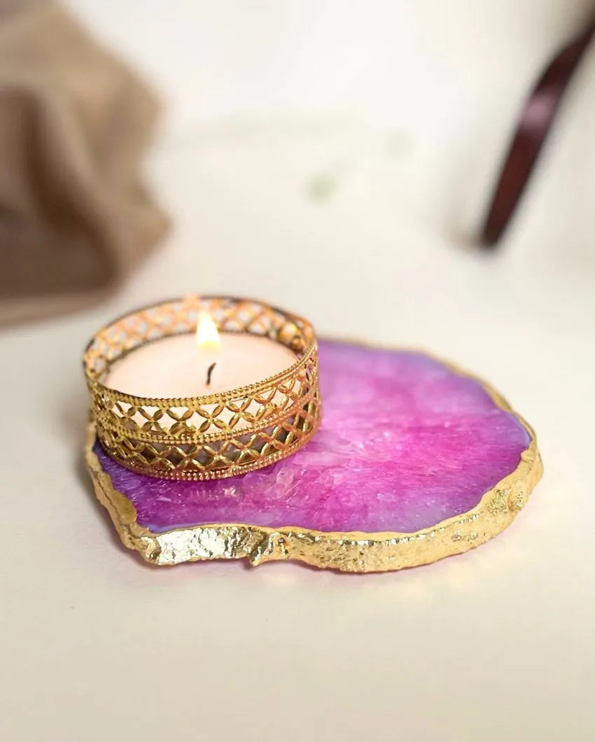 Elegant Agate Tea Light Holder With Gold Plated | Set Of 2 Pink