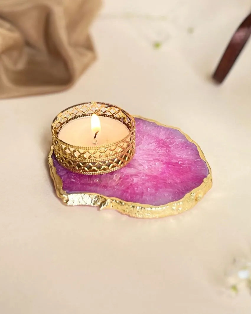 Elegant Agate Tea Light Holder With Gold Plated | Set Of 2 Pink