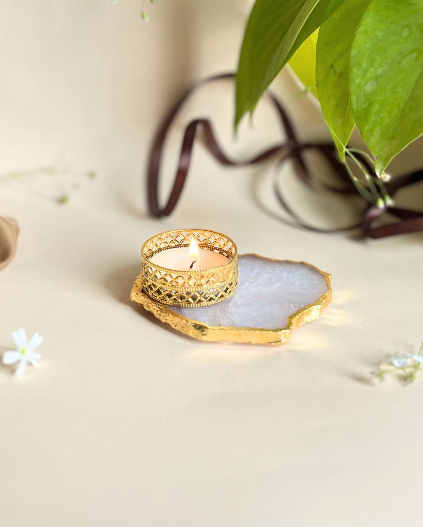 Elegant Agate Tea Light Holder With Gold Plated | Set Of 2 White