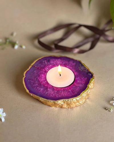 Elegant Pink Drilled Agate Tea Light Holder With Gold Plated Candle Holder