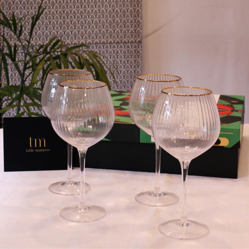 Trendy Gold Rim Crystal Wine & Champagne Glasses | Set of 4