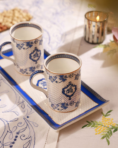 Nic Blue Leafed Bone China 2 Mugs & 1 Platter Gift Set