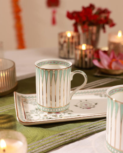 Unique Aqua Leafed Bone China 2 Mugs & 1 Platter Gift Set