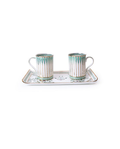 Unique Aqua Leafed Bone China 2 Mugs & 1 Platter Gift Set