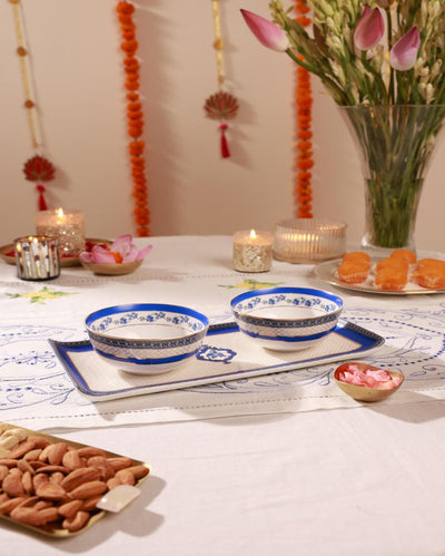 Beautiful Blue Leafed Bone China 2 Bowls & 1 Platter Gift Set