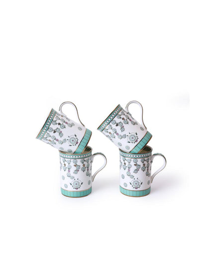 Aqua Leafed Bone China Four Coffee Mugs Gift Set | 3 x 4 inches