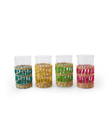 Vibrant Clear Lemonade Rattan Wrap Glasses | Set of 4 | 3 x 4 inches