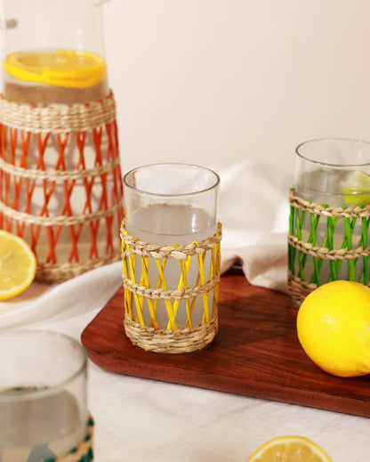 Vibrant Clear Lemonade Rattan Wrap Glasses | Set of 4 | 3 x 4 inches