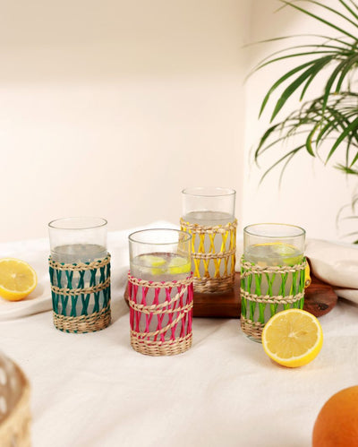 Vibrant Clear Lemonade Rattan Wrap Glasses | Set of 4 | 3 x 4 inches