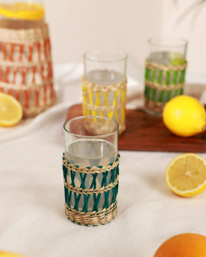 Vibrant Clear Lemonade Rattan Wrap Glasses | Set of 4 | 3 x 4 inches