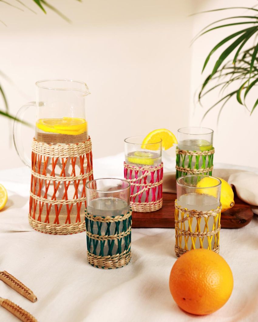 Handmade Glass Lemonade Set with Rattan Wrap | Set of 5